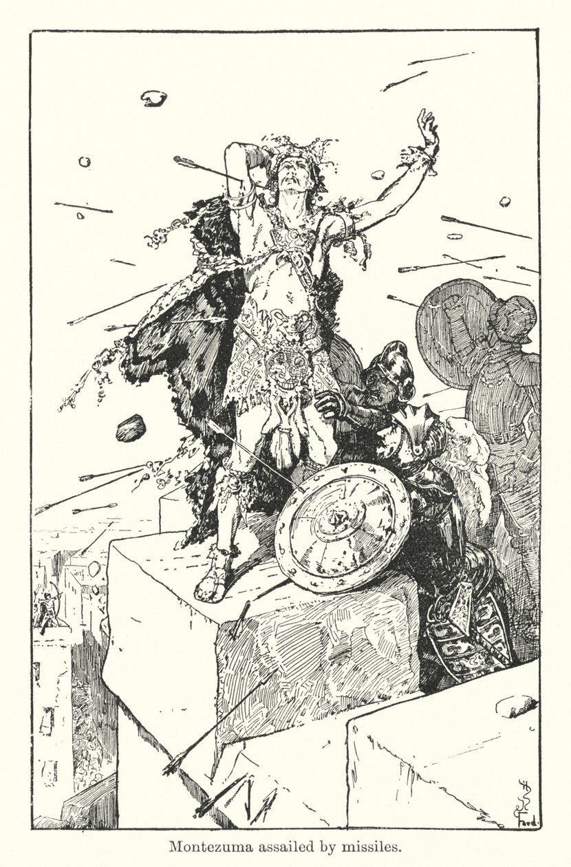 Montezuma assalito dai missili (incisione) da Henry Justice Ford