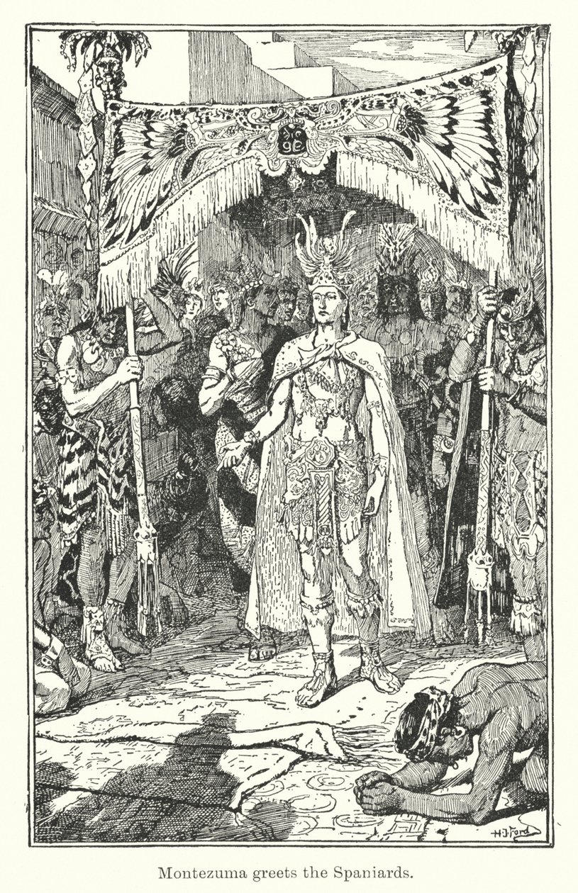 Montezuma saluta gli spagnoli (incisione) da Henry Justice Ford