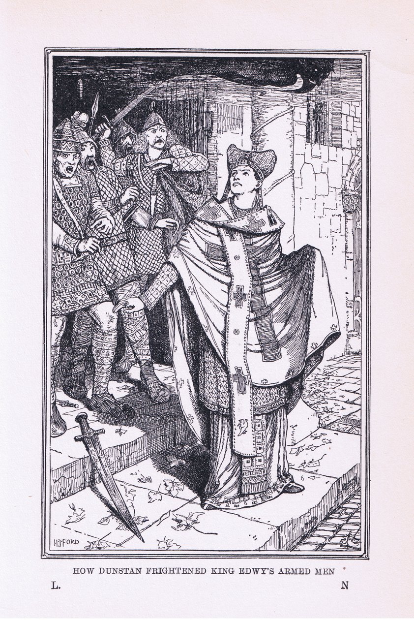 San Dunstan spaventa gli uomini armati del re Edwy, 1912 da Henry Justice Ford