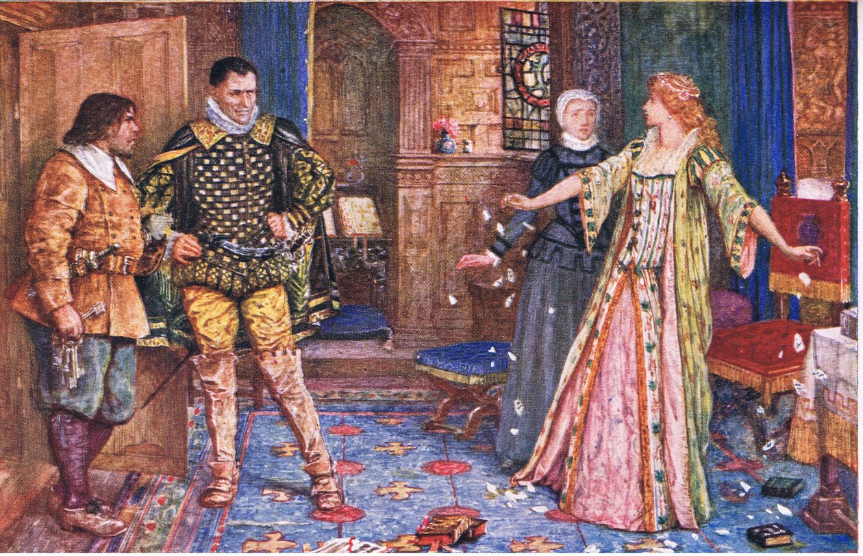 La Contessa di Leicester strappa la lettera del marito alla presenza di Varney e Foster, illustrazione da Kenilworth, c.1910 da Henry Justice Ford