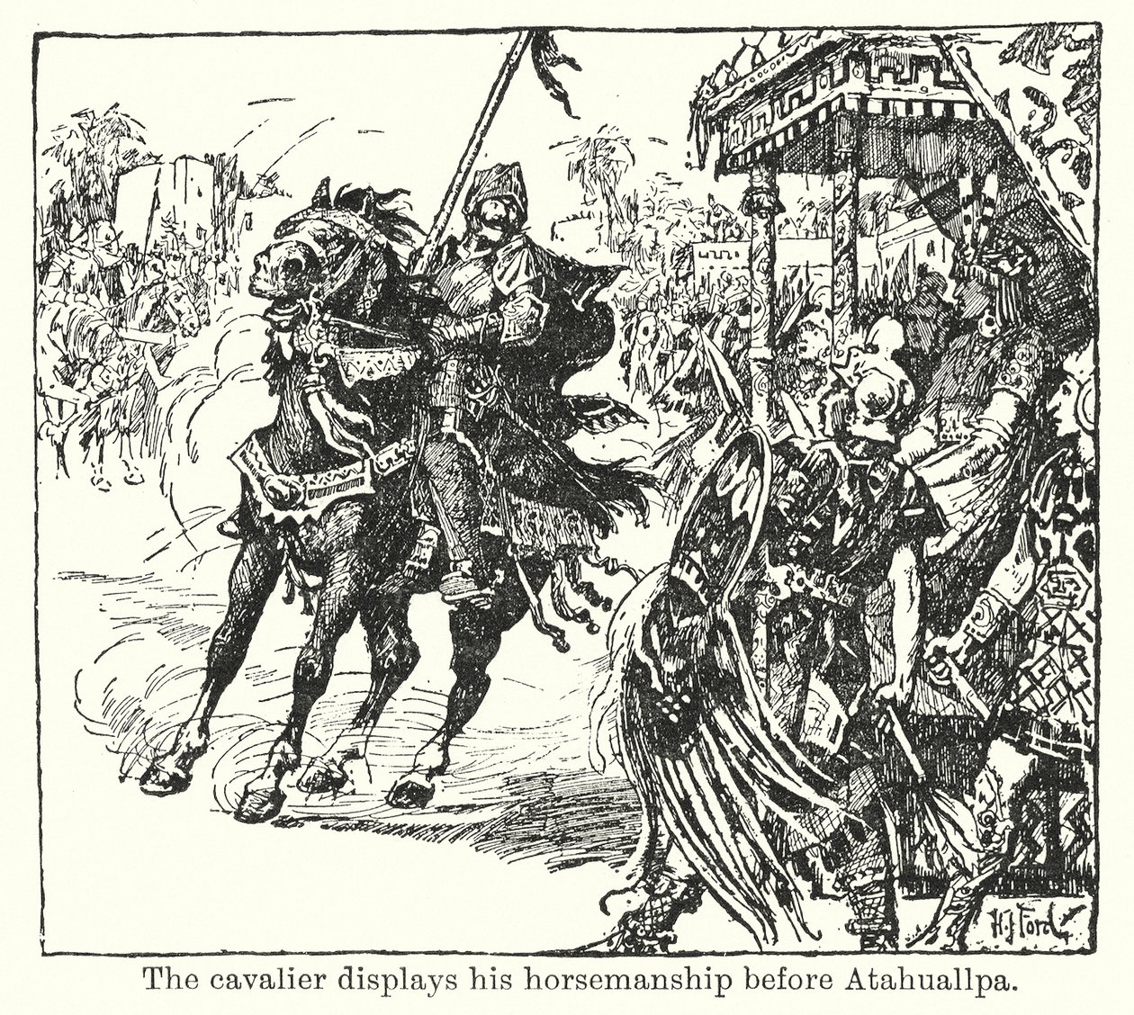 Il cavaliere sfoggia la sua abilità a cavallo davanti ad Atahuallpa (litografia) da Henry Justice Ford