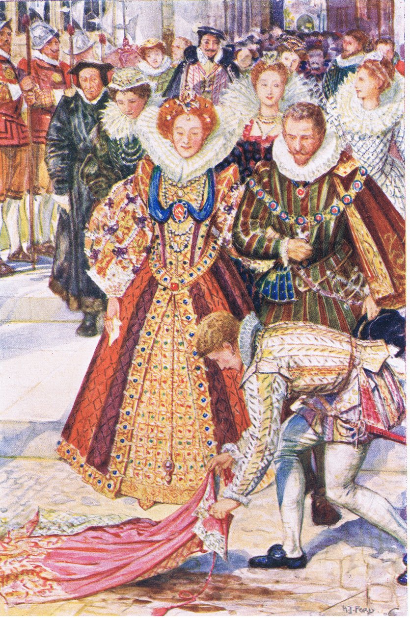 Walter Raleigh sacrifica il suo mantello per la Regina Elizabeth, illustrazione da Kenilworth, c.1910 da Henry Justice Ford