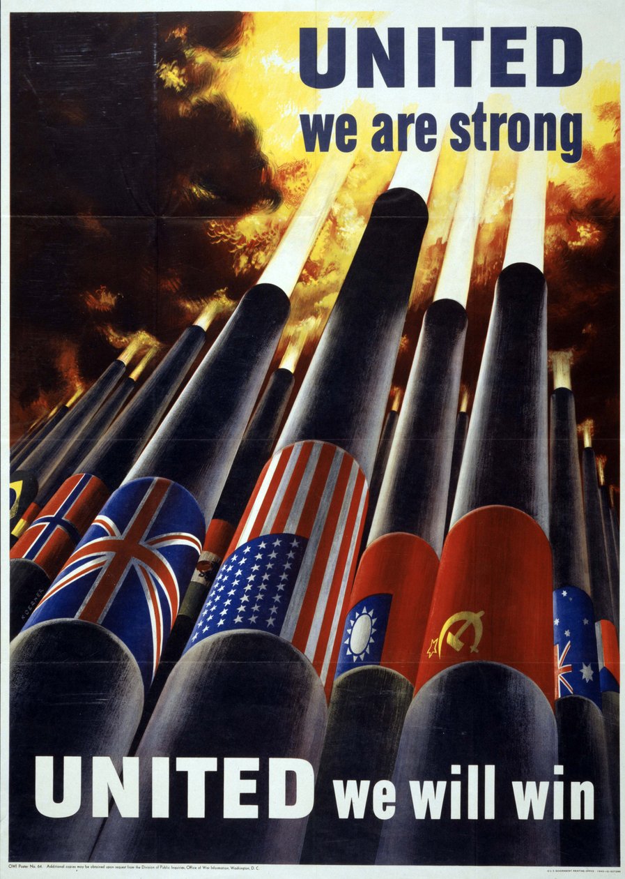 Uniti siamo forti. UNITED we will win" Poster della Seconda Guerra Mondiale degli Stati Uniti con cannoni che sparano proiettili verso il cielo. da Henry Koerner
