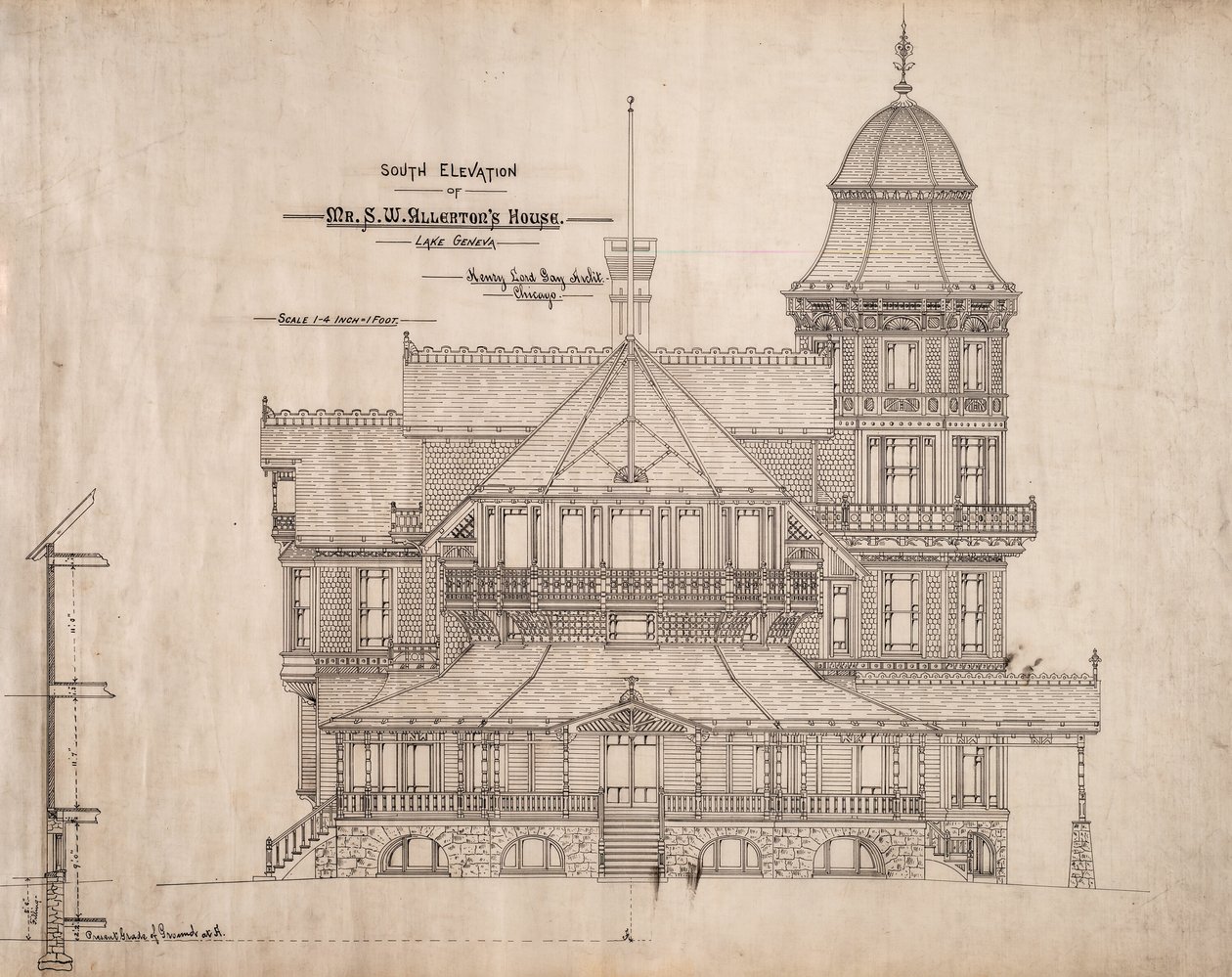 Casa per il Sig. S.W. Allerton, Lago Ginevra, Wisconsin: Elevazione sud da Henry Lord Gay