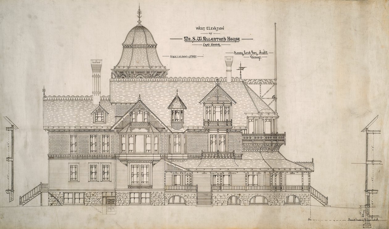 Casa per il signor S.W. Allerton, Lago di Ginevra, Wisconsin: Elevazione ovest da Henry Lord Gay