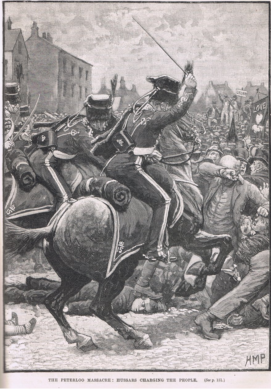 Il massacro di Peterloo con gli ussari che caricano la folla, illustrazione da 