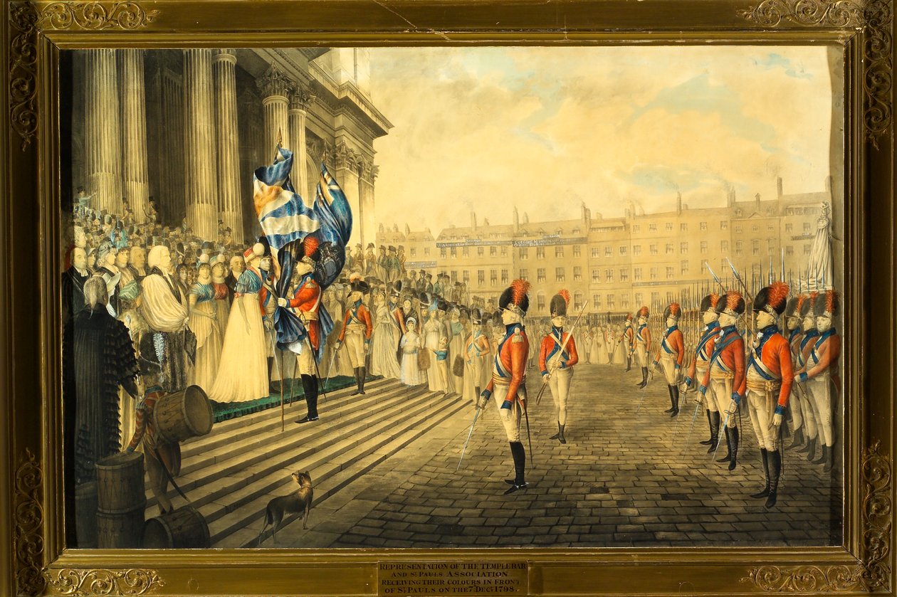 ?Temple Bar & Associazione di St Paul che riceve i loro colori davanti a St Paul il 7 dicembre 1798? da Henry Matthews