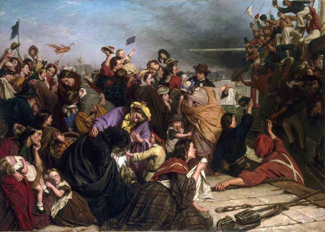 Addio degli immigrati, su un molo nel Tamigi (Inghilterra), descrizione di gruppi di persone di tutte le età e classi sociali, così come i marinai in camicie rosse e blu sulla barca che salutano la folla da Henry Nelson O