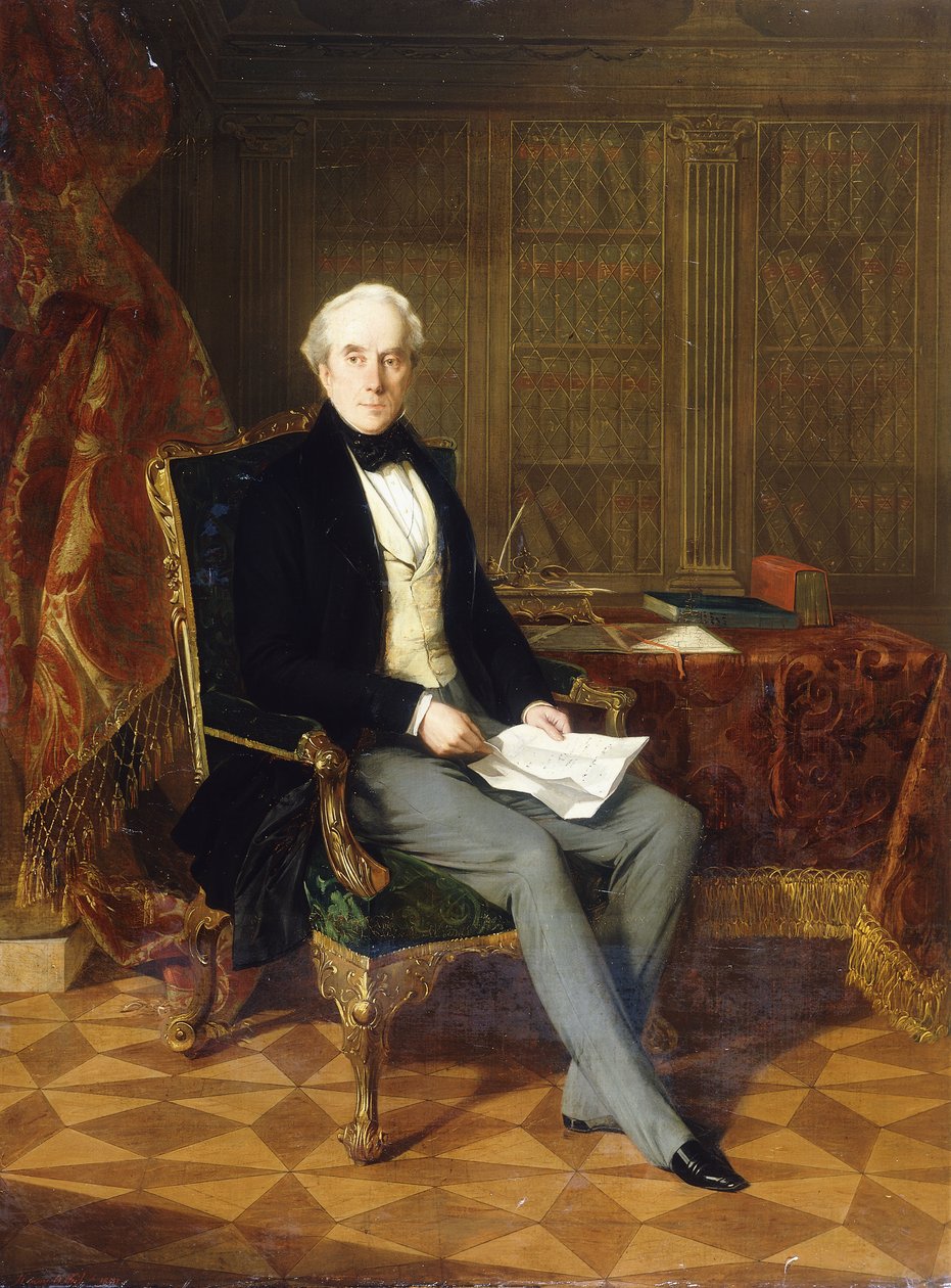 Ritratto di Henry Pelham-Clinton, K.G., 4° duca di Newcastle, con un documento, nel suo studio, 1850 da Henry Nelson ONeil