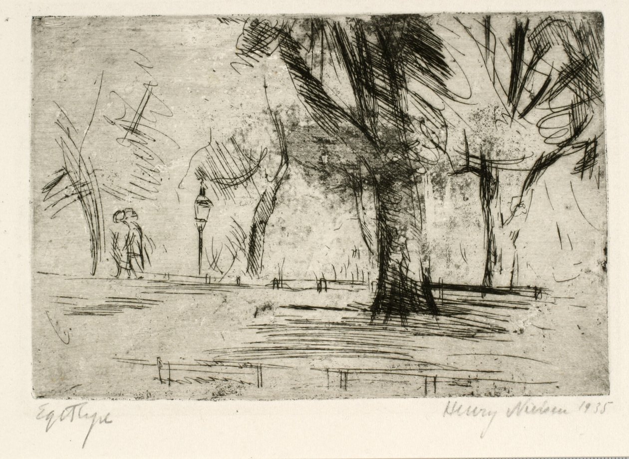 Parco con due persone che passeggiano e una lanterna da Henry Nielsen