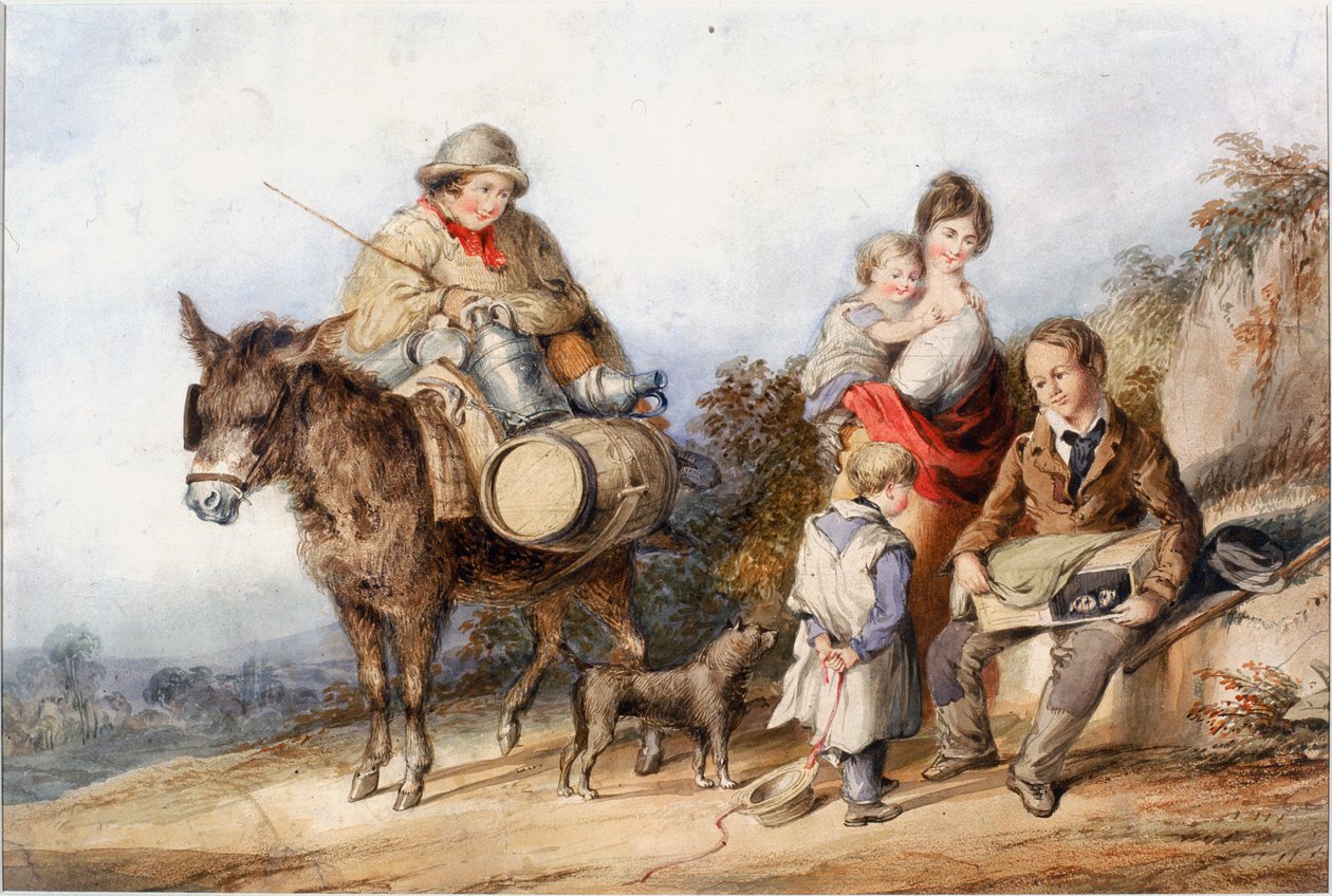 Ragazzo del latte con gruppo familiare (acquerello e gouache) da Henry Perlee Parker