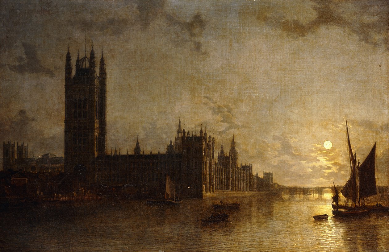 Abbazia di Westminster, le case del Parlamento con la costruzione del ponte di Westminster, 1859 da Henry Pether