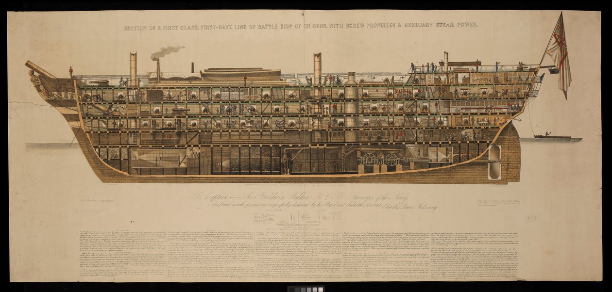 Sezione di una nave da battaglia di prima classe, prima categoria, di 131 cannoni, con elica a vite e potenza ausiliaria a vapore Royal Albert da Henry Pickering