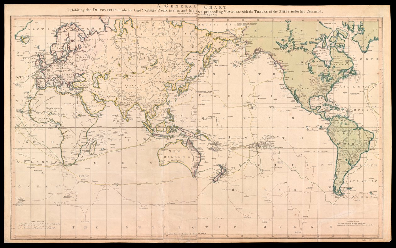 Carta generale che mostra le scoperte fatte dal Capitano James Cook in questo e nei suoi due precedenti viaggi con le rotte delle navi sotto il suo comando da Henry Roberts