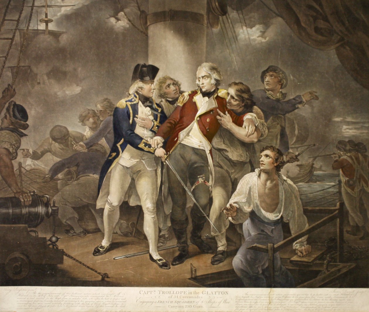 Cap. Trollope nella Glatton di 54 Caronade che Ingaggia uno Squadrone Francese di 8 Navi da Guerra con 230 Cannoni, inciso da James Daniell, 1797 da Henry Singleton