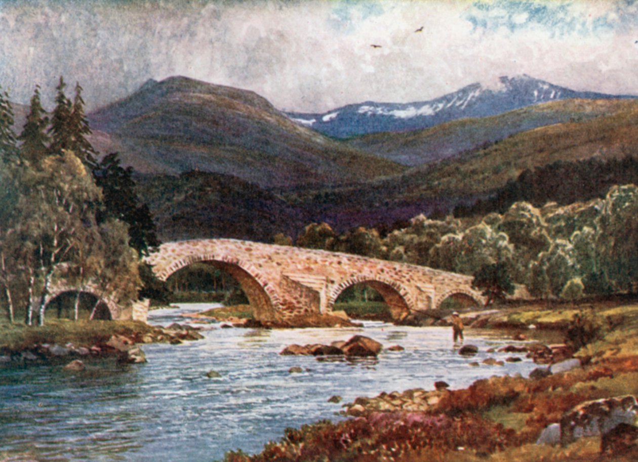 Old Mar Bridge e Lochnagar, Aberdeenshire (litografia a colori) da Henry Sutton Palmer