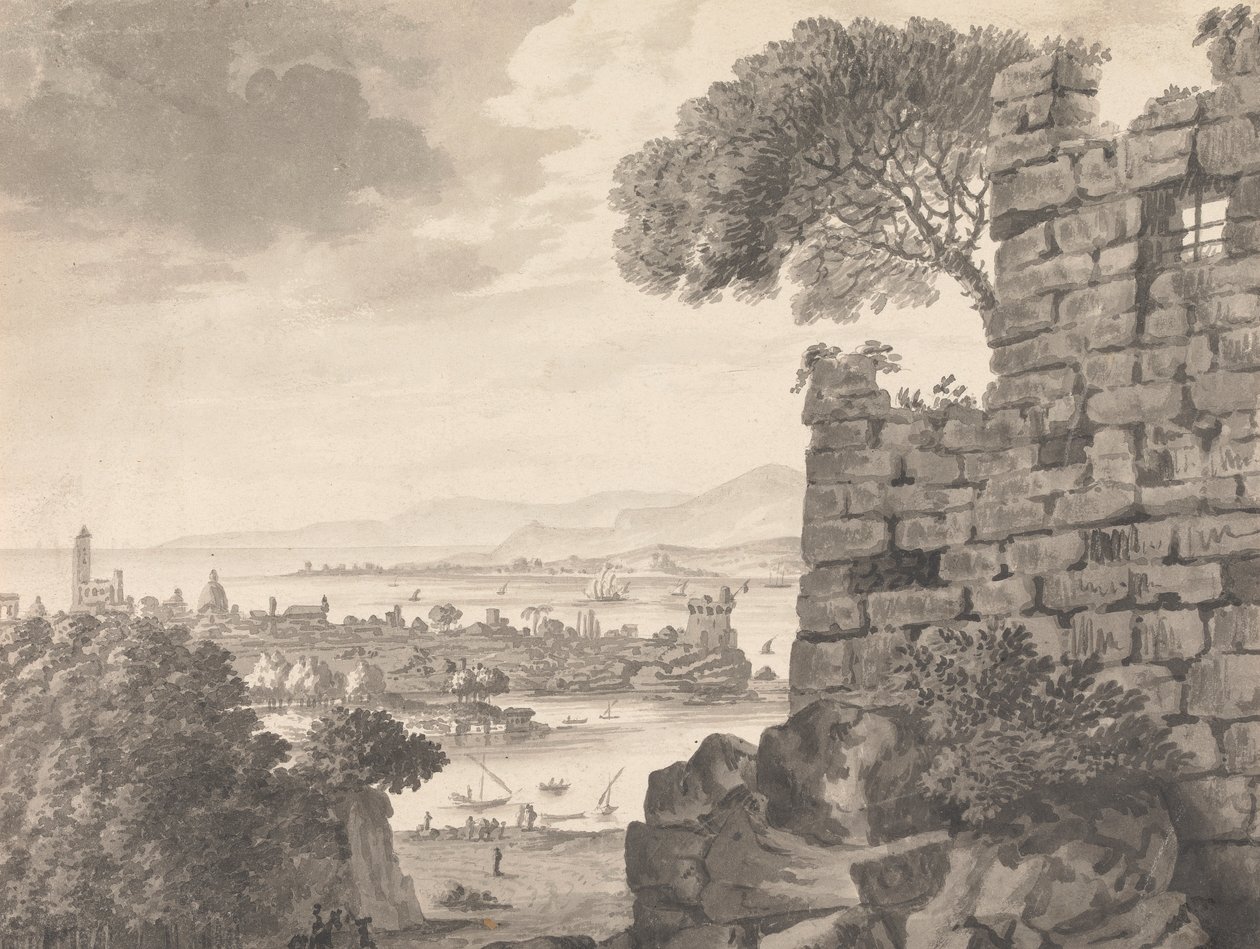 Paesaggio con rovine in primo piano, porto e villaggio sullo sfondo da Henry Swinburne