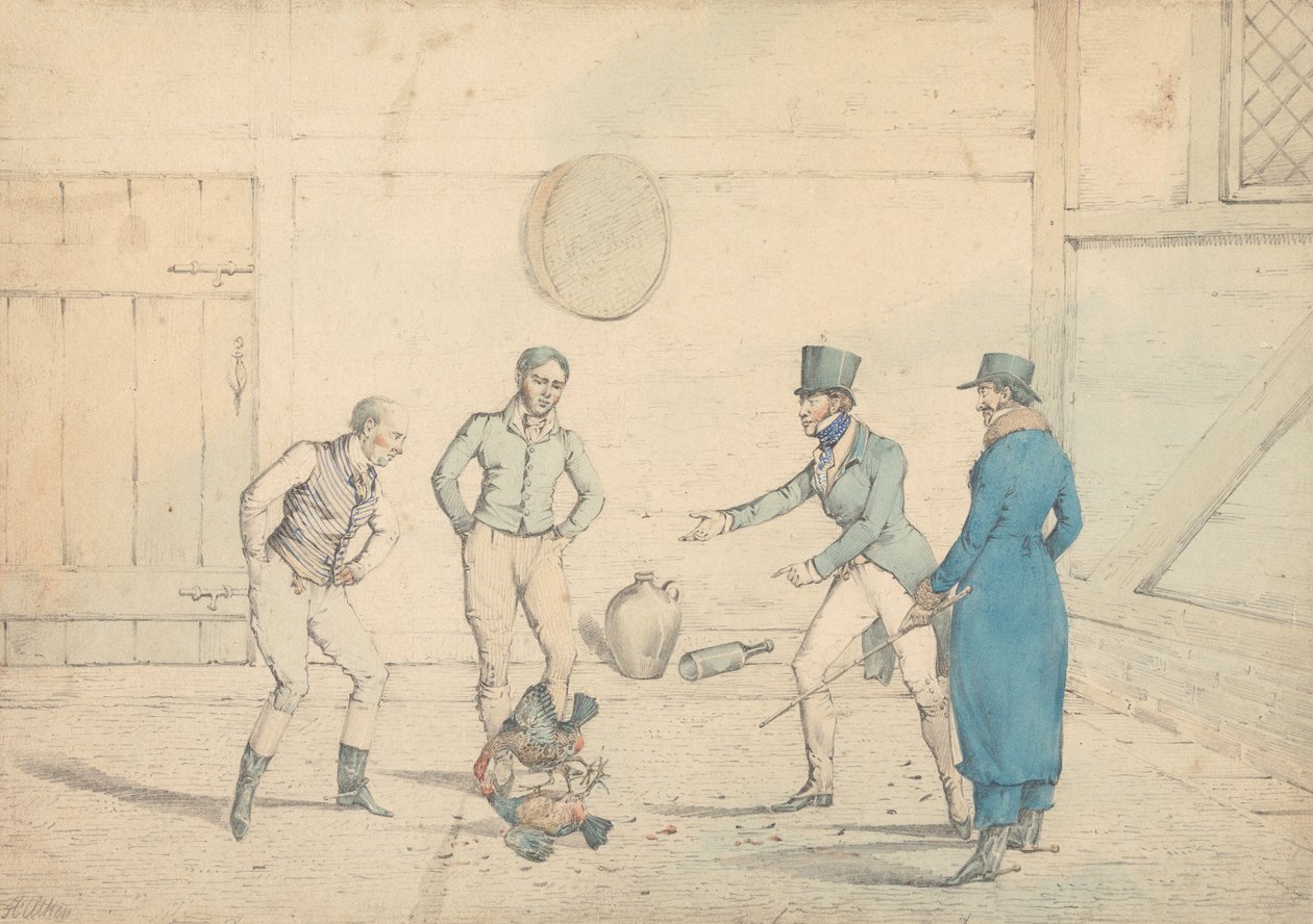 Un combattimento di galli osservato da quattro uomini in una dipendenza: Il combattimento, inciso come tavola 39 in "The National Sports of Great Britain" da Henry Thomas Alken