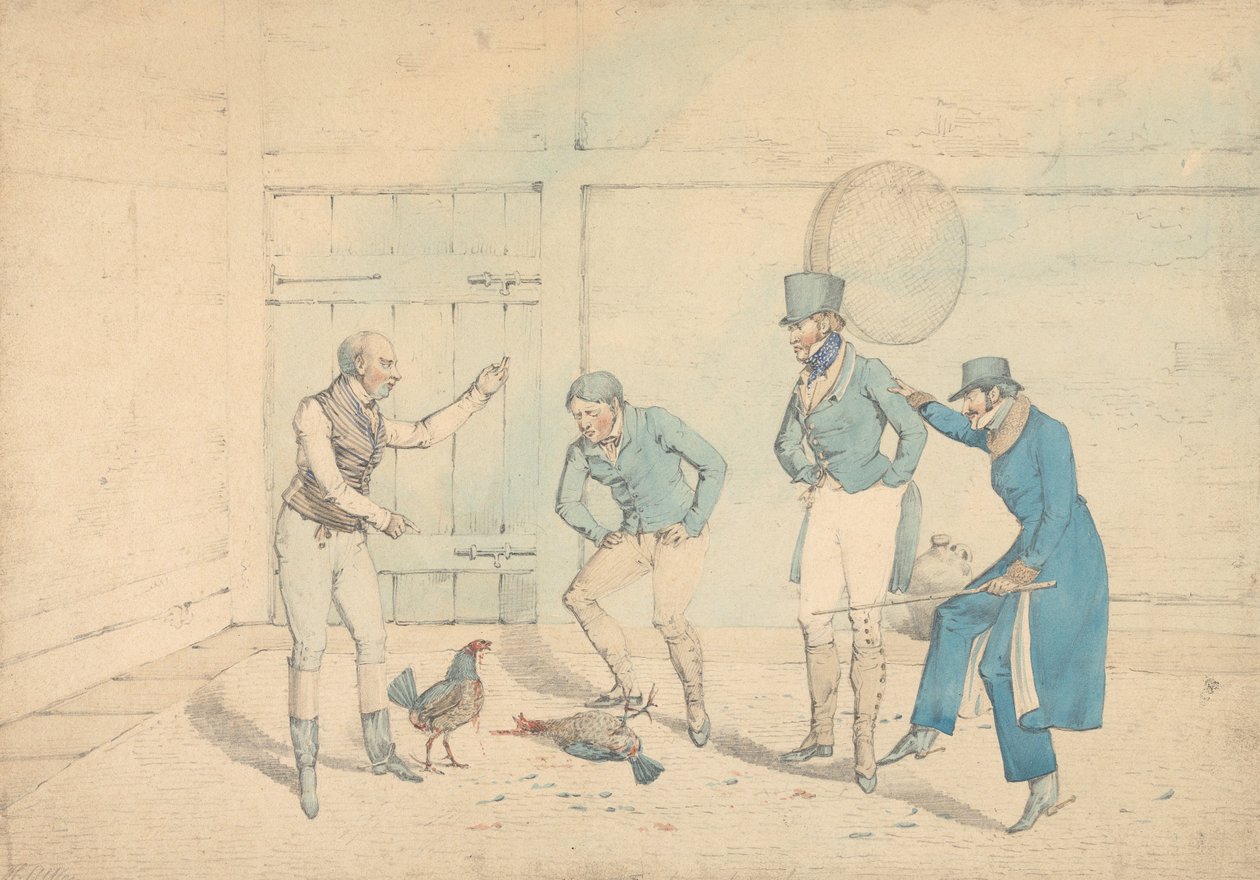 Un combattimento di galli osservato da quattro uomini in una dépendance: La morte, inciso come tavola 40 in «The National Sports of Great Britain» da Henry Thomas Alken