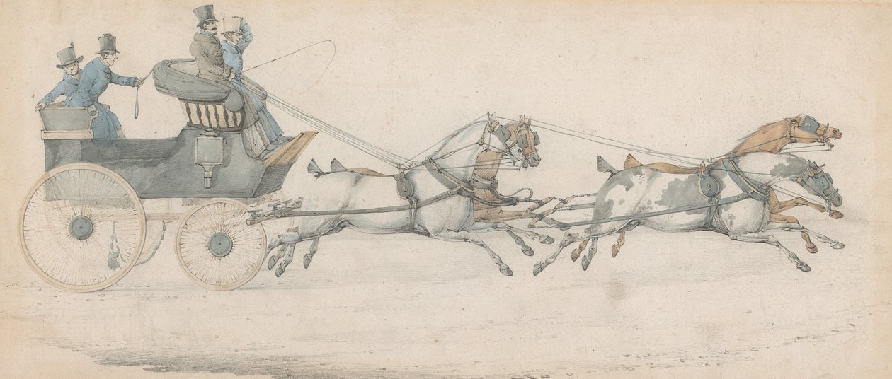 Un gentiluomo guida un tiro a quattro davanti a un phaeton postale, accompagnato da tre stallieri da Henry Thomas Alken