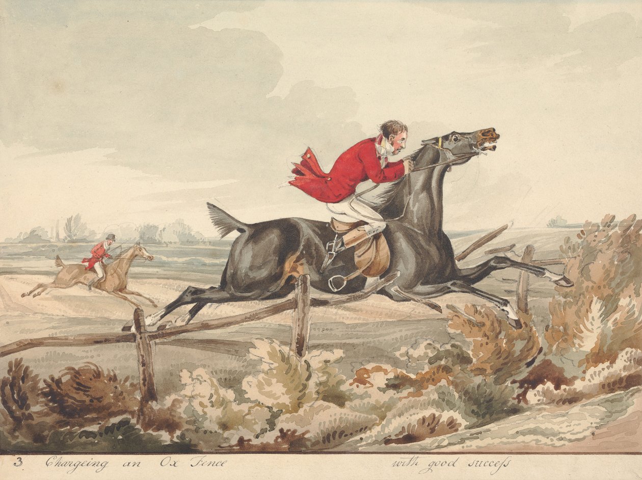 "Cavalli esperti e cavalieri inesperti": "Sfondare con successo una recinzione di bue" da Henry Thomas Alken