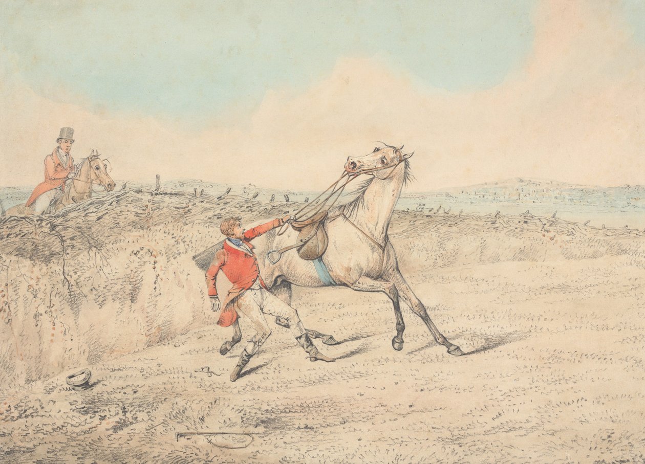 Cavaliere che si aggrappa a un cavallo grigio dopo una caduta da Henry Thomas Alken