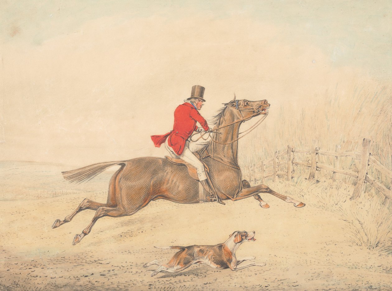 Cavaliere su un cavallo bruno in procinto di saltare una staccionata verso destra da Henry Thomas Alken