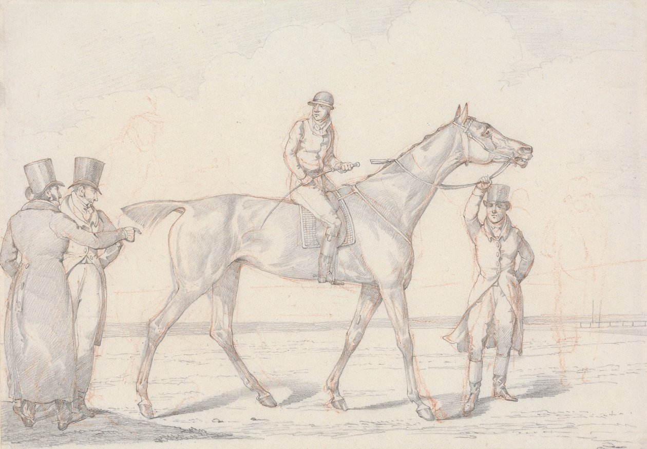 «Scraps», n. 15: cavallo da corsa con fantino in sella, due uomini discutono del cavallo da Henry Thomas Alken