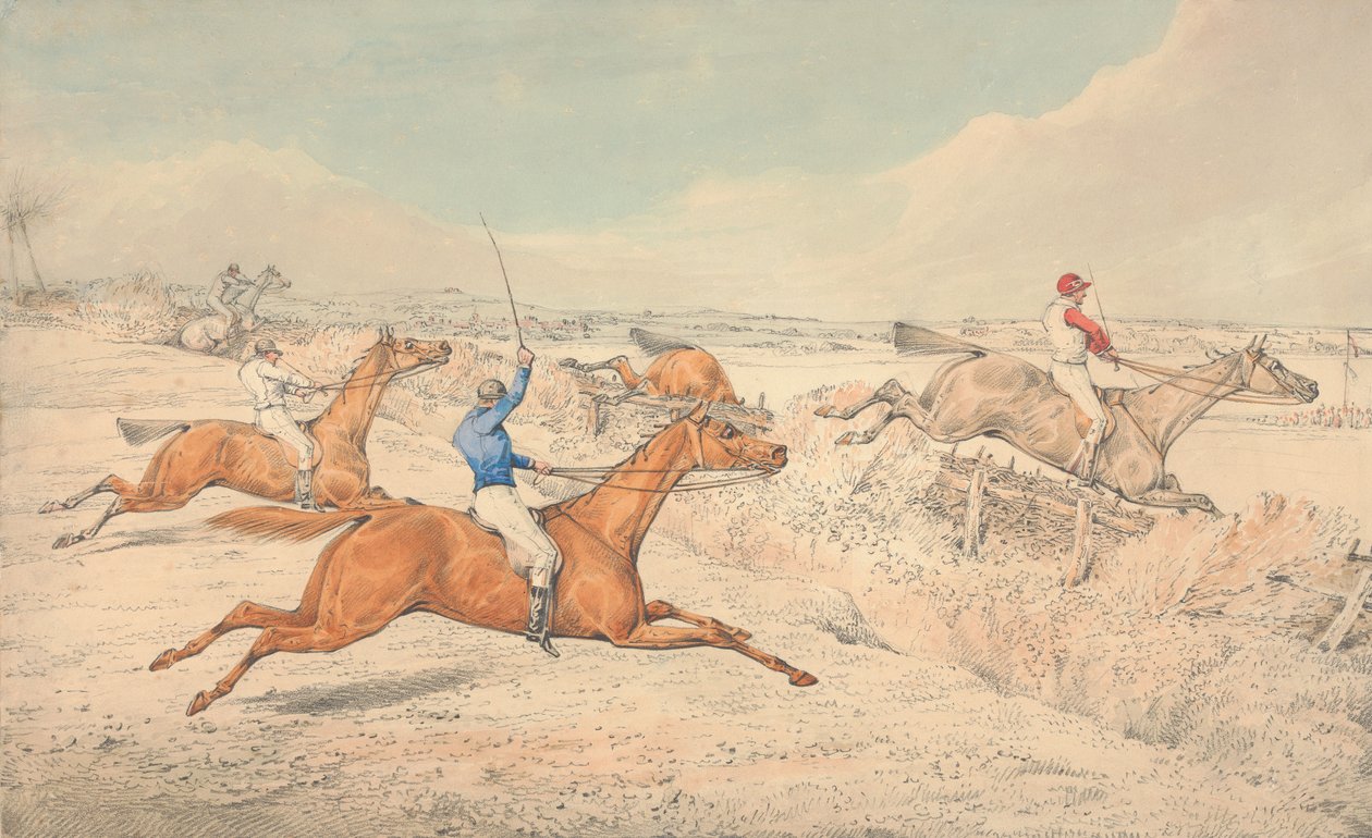 Steeplechase: quattro fantini affrontano un fossato e un oxer da Henry Thomas Alken