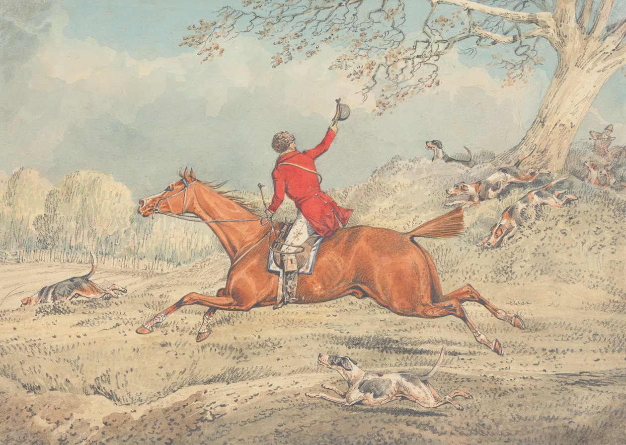 Il cacciatore, che galoppa verso sinistra e incita i cani da caccia da Henry Thomas Alken