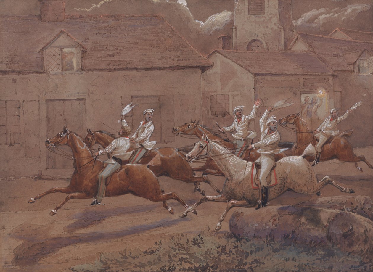 I cavalieri notturni di Nacton: Il finale. Chiesa e villaggio di Nacton da Henry Thomas Alken