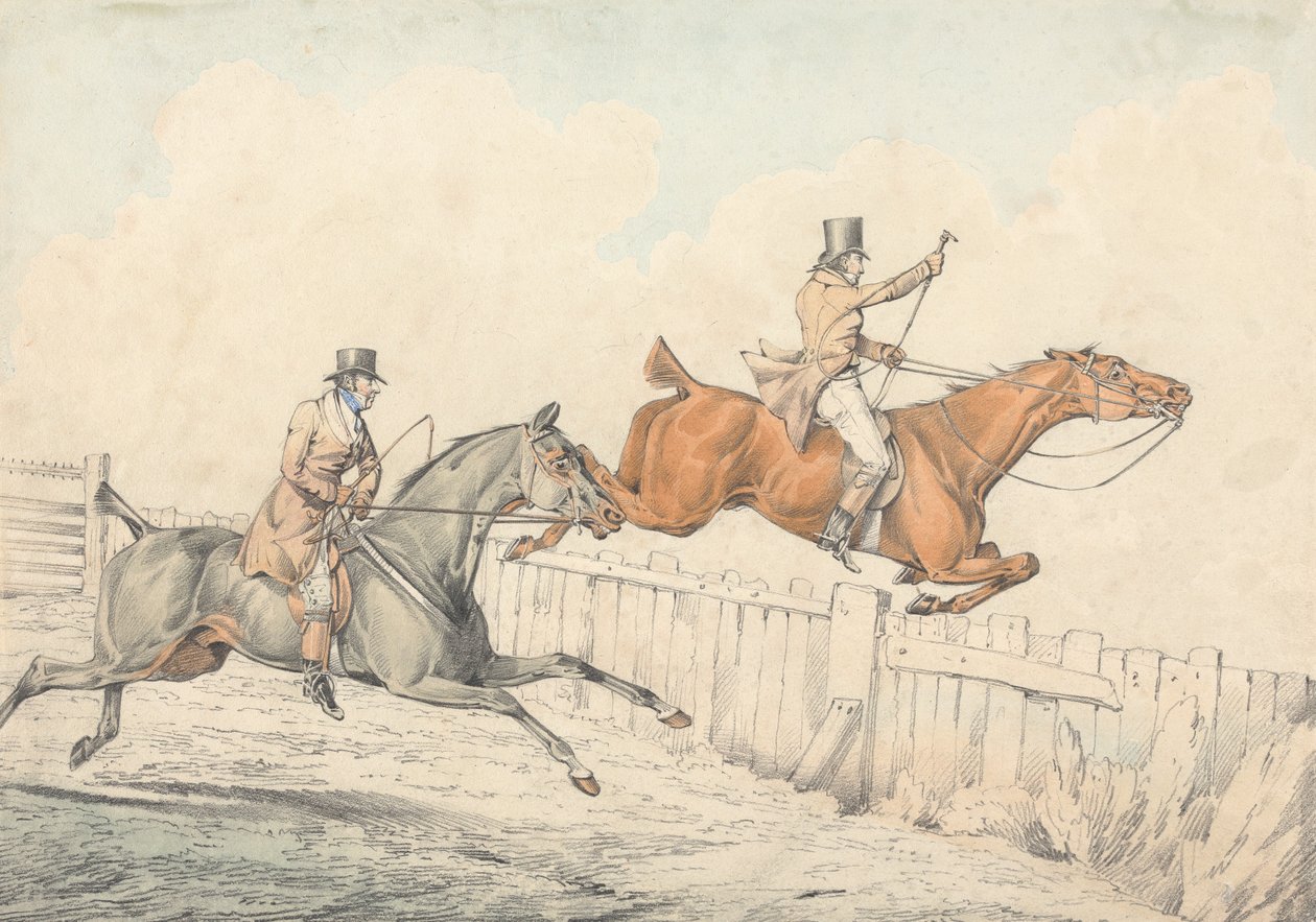 Due cavalieri che saltano una recinzione di legno da Henry Thomas Alken