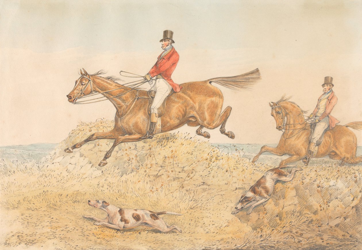 Due cavalieri e una coppia di cani da caccia che superano un muro da Henry Thomas Alken