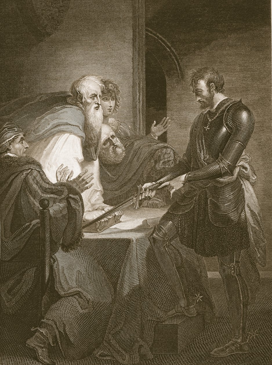 Il conte Warenne giustifica i titoli delle sue proprietà, inciso da J. Fittler, illustrazione da 