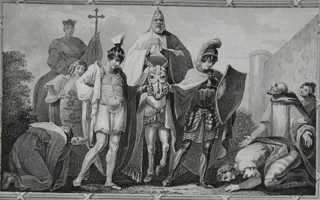 Enrico e Luigi che conducono il Papa al castello di Torci, inciso da Saunders, illustrazione da 