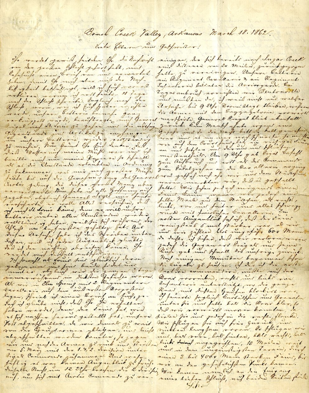 Lettera firmata Henry [Henry Voelkner], Brush Creek Valley, Arkansas, ai suoi genitori, fratelli e sorelle, 18 marzo 1862 da Henry Voelkner