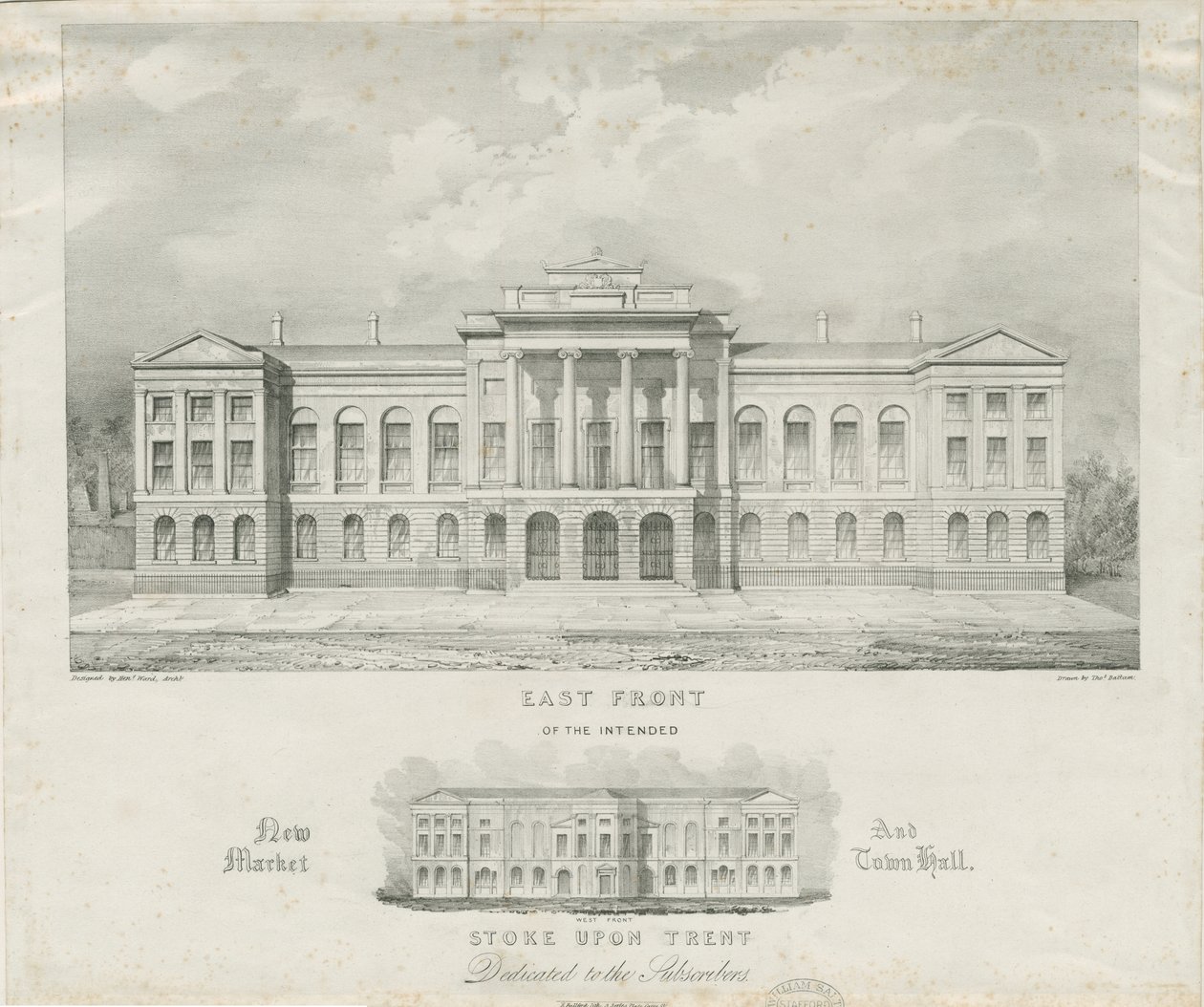 Stoke-upon-Trent - Nuovo mercato e municipio previsto: litografia, nd [c 1834] da Henry Ward