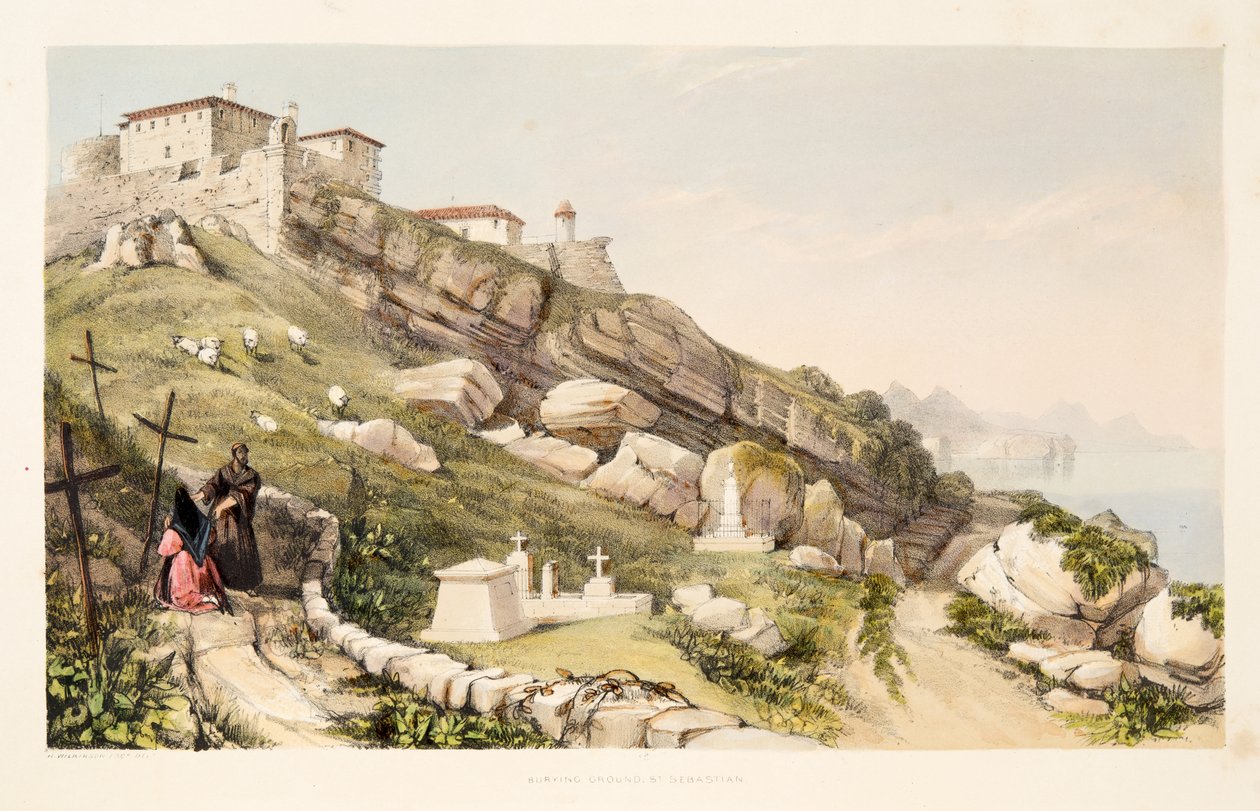 Luogo di sepoltura degli ufficiali britannici sulla collina del castello di San Sebastián, da Sketches of scenery in the Basque provinces of Spain, con una selezione di musica nazionale, pub. 1838 da Henry Wilkinson