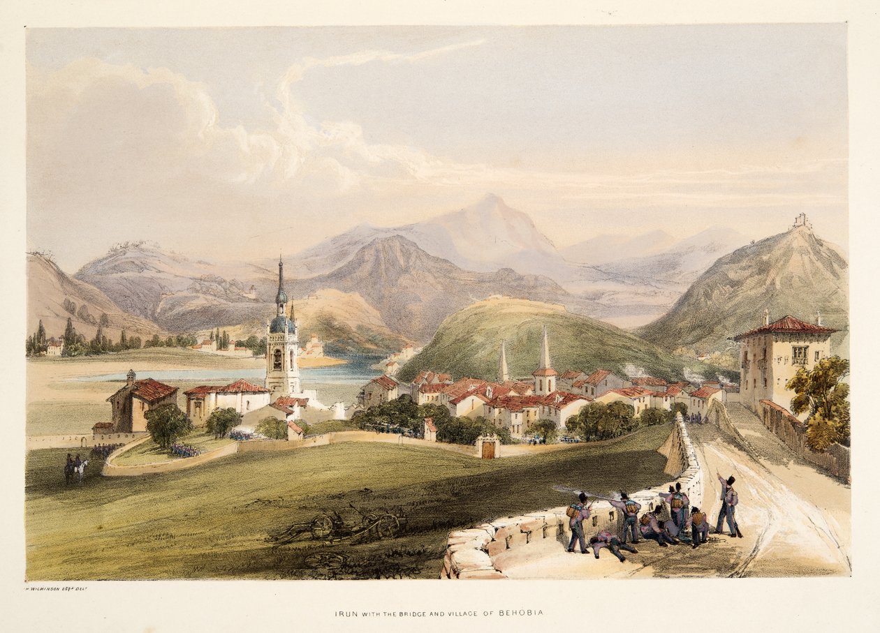 Irun, con il Monte San Martial e il ponte dei Cappuccini, da Schizzi di paesaggi nelle province basche della Spagna, con una selezione di musica nazionale, pub. 1838 da Henry Wilkinson