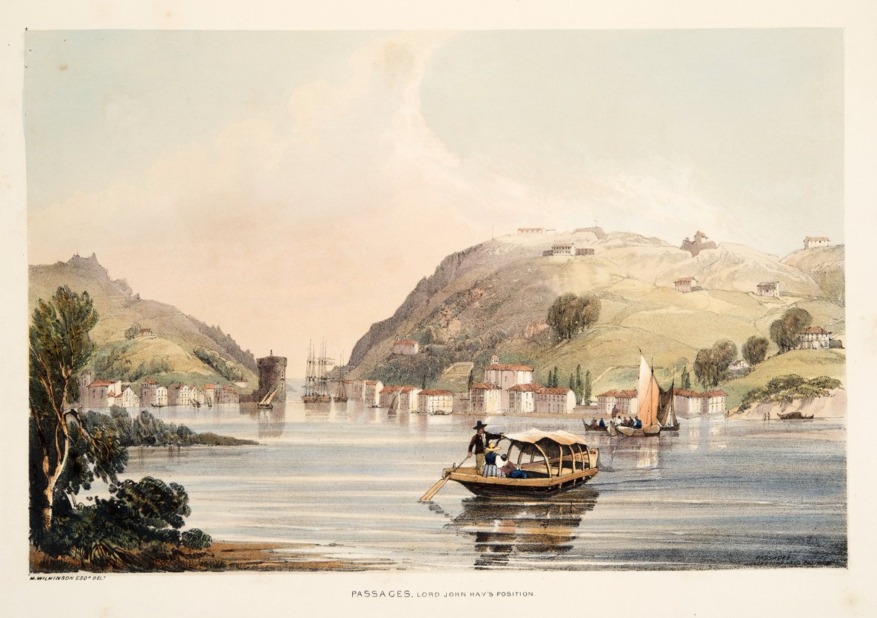 Posizione di Lord John Hay, a Passages, da Schizzi di paesaggi nelle province basche della Spagna, con una selezione di musica nazionale, pub. 1838 da Henry Wilkinson