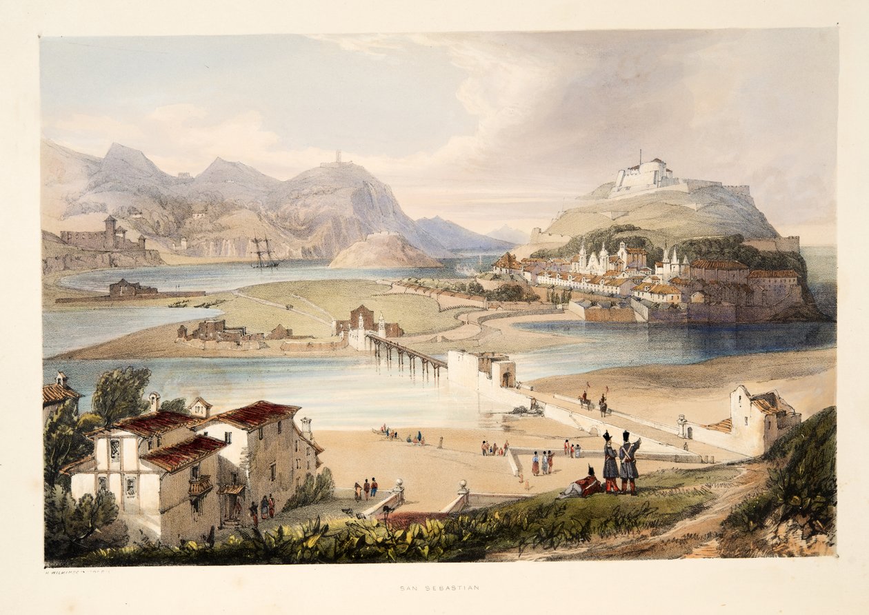 San Sebastian, da Schizzi di paesaggi nelle province basche della Spagna, con una selezione di musica nazionale, pub. 1838 (incisione colorata a mano) da Henry Wilkinson