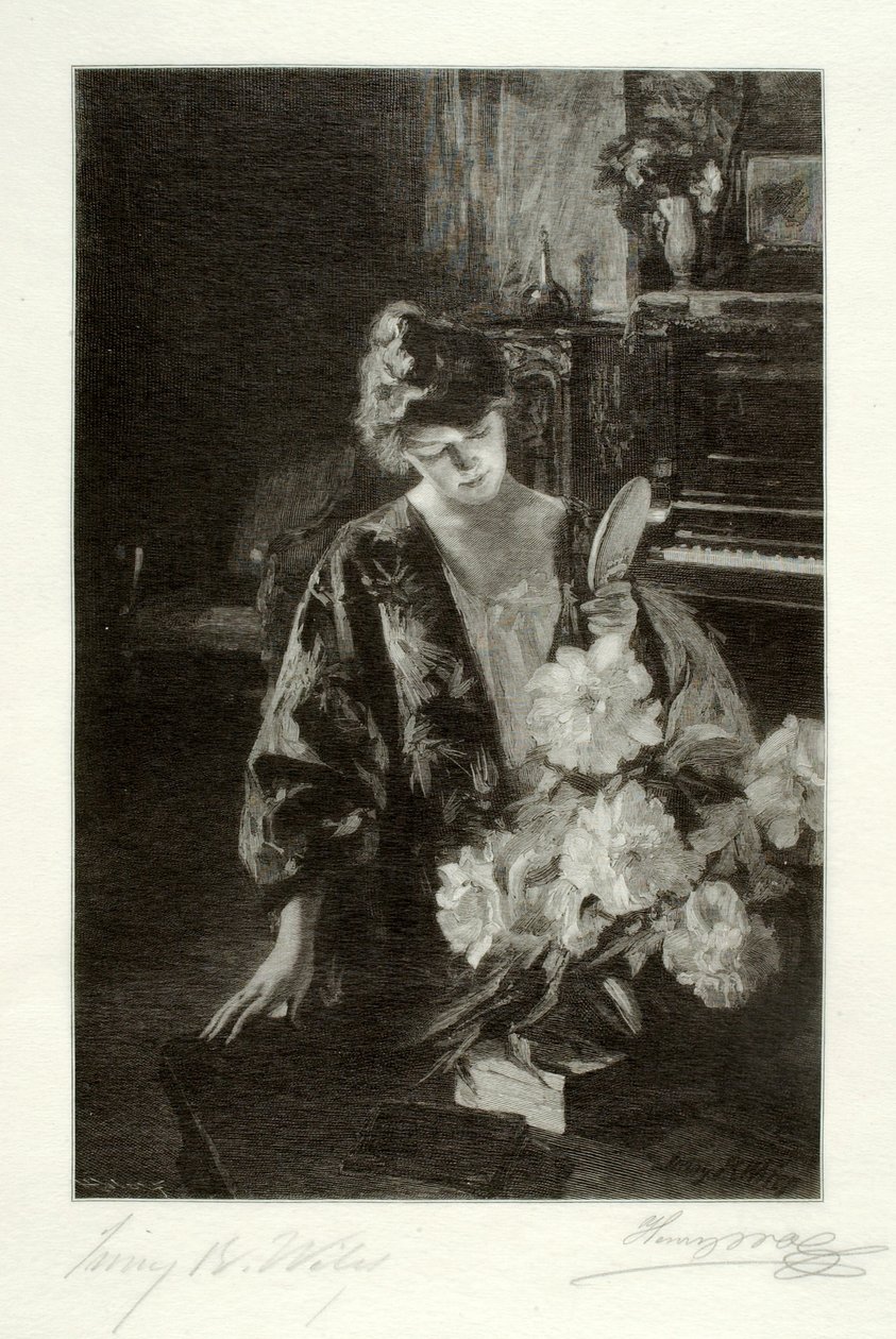 Ragazza e peonie (Lo specchio a mano) da Henry Wolf