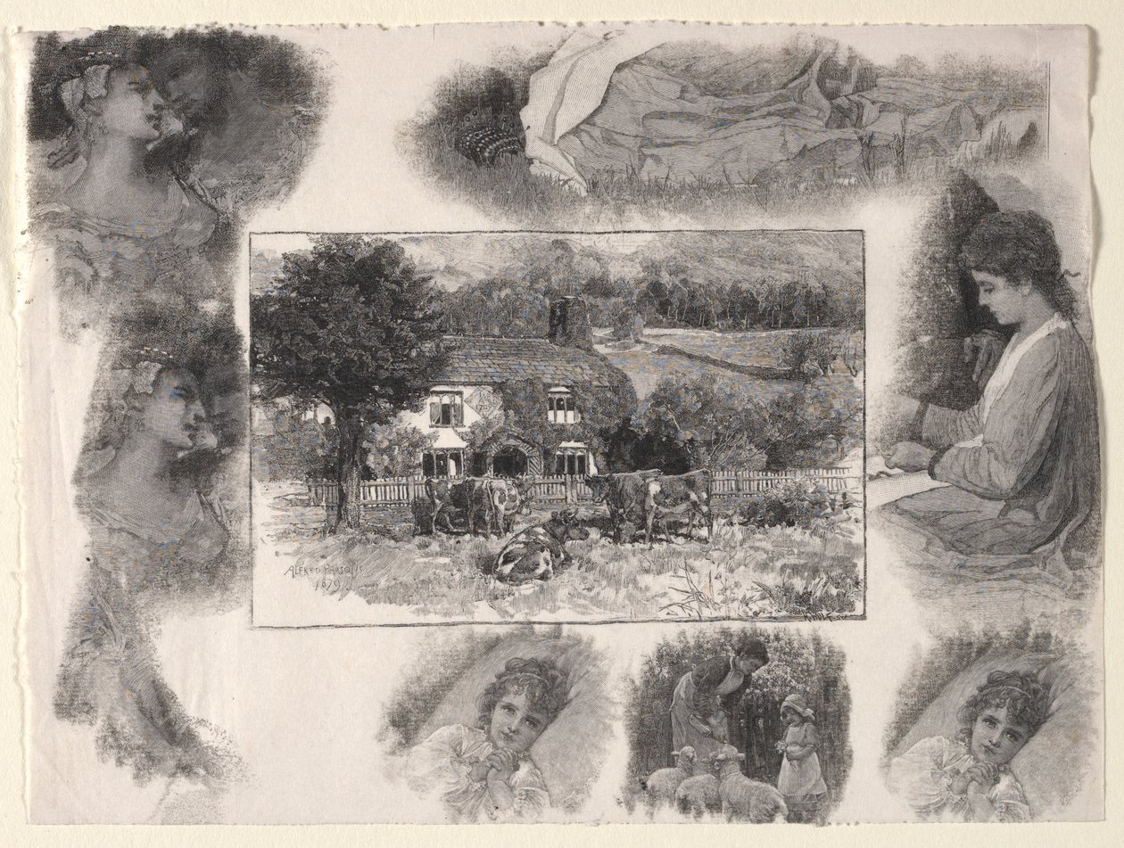 Paesaggio con cottage e mucche circondato da vari schizzi da Henry Wolf