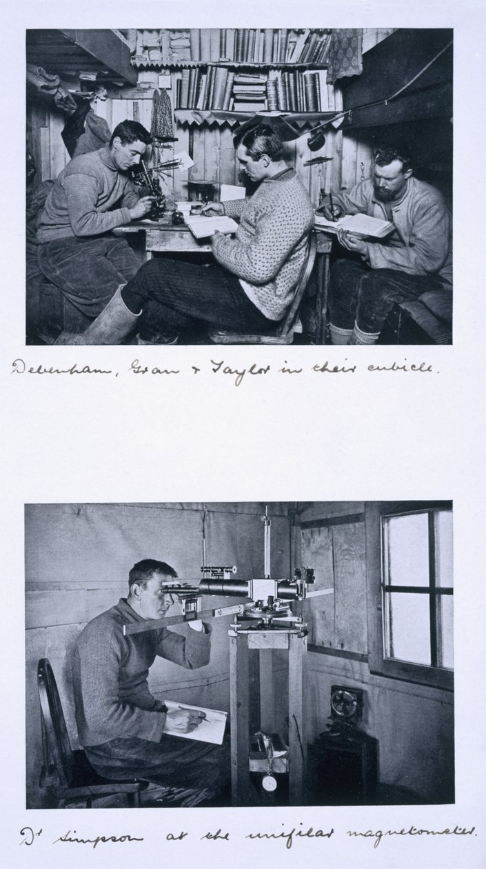 In alto: Debenham, Gran e Taylor nel loro cubicolo. In basso: Dr. Simpson al magnetometro unifilare. Ultima spedizione di Scott, viaggio invernale, 27 giugno - 1 agosto 1911 da Herbert Ponting