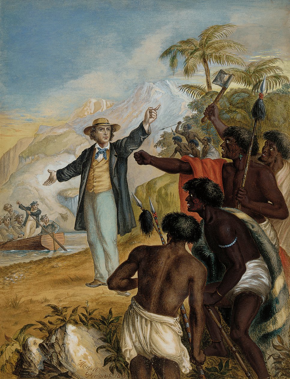 Un missionario scozzese che sbarca affrontato da Maori in guerra, 1868 da Herbert Parsons