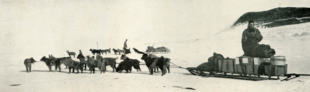 Meares e Demetri con le loro squadre di cani che lasciano Hut Point, c1911, 1913 da Herbert Ponting