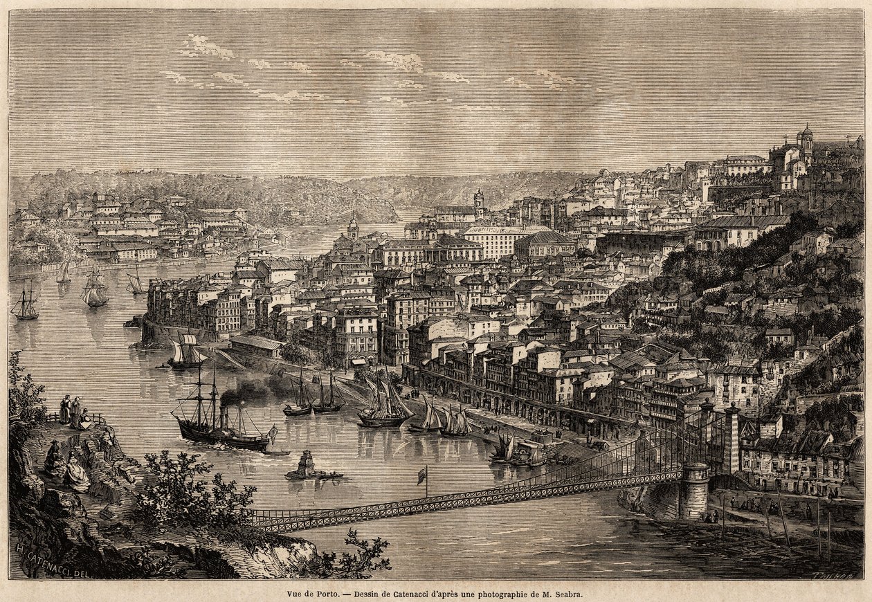 Vista di Porto, disegno di Catenacci, per illustrare il viaggio di Olivier Merson nelle province settentrionali del Portogallo nel 1857. Incisione in "Le tour du monde" 1861. Collezione Selva da Hercule (after) Catenacci