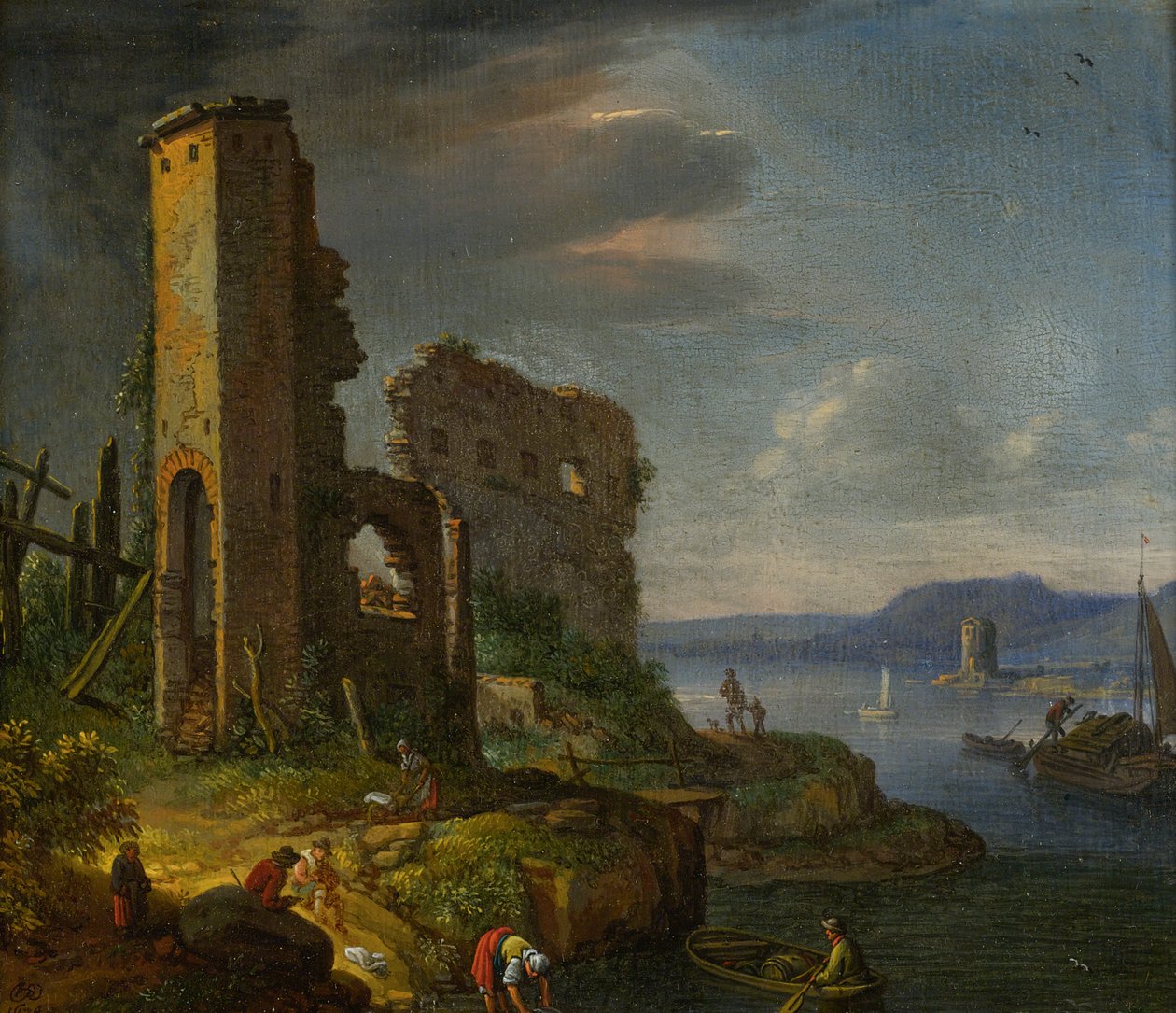 Paesaggio fluviale con rovine, barche e figure da Herman Saftleven