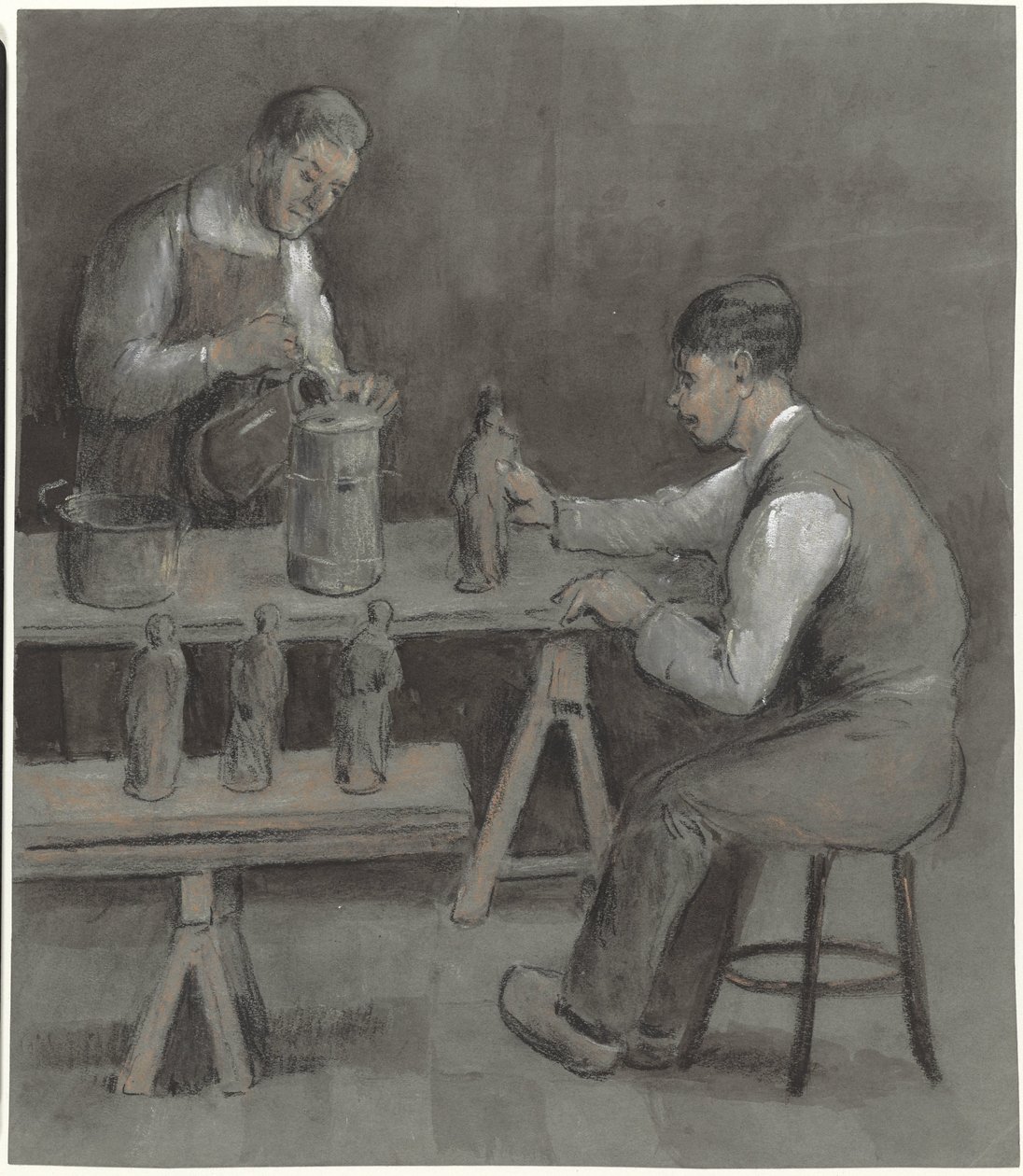 Due lavoratori che fanno statuette da Herman Heijenbrock