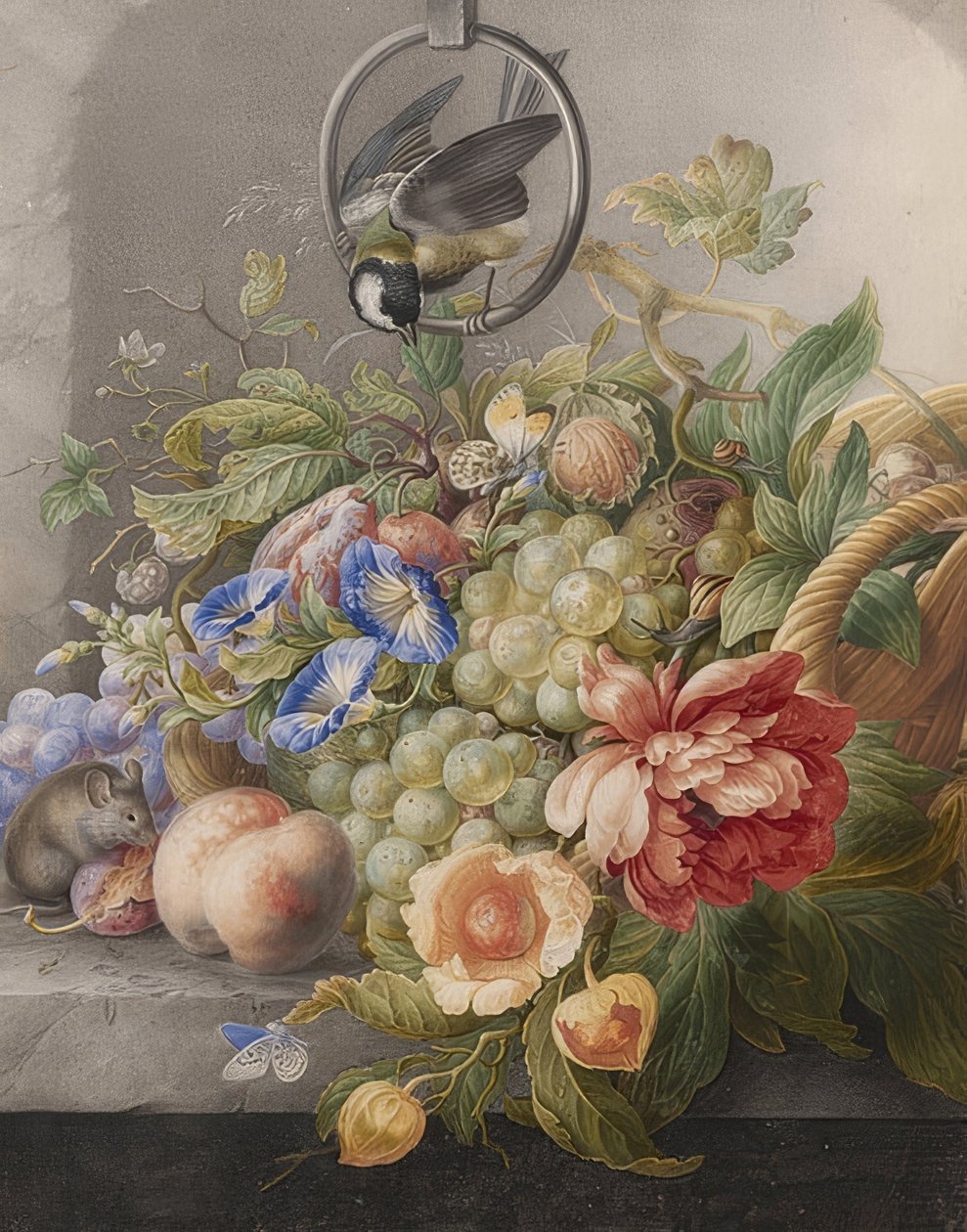 Natura morta con fiori, frutti, una cinciallegra e un topo da Herman Henstenburgh